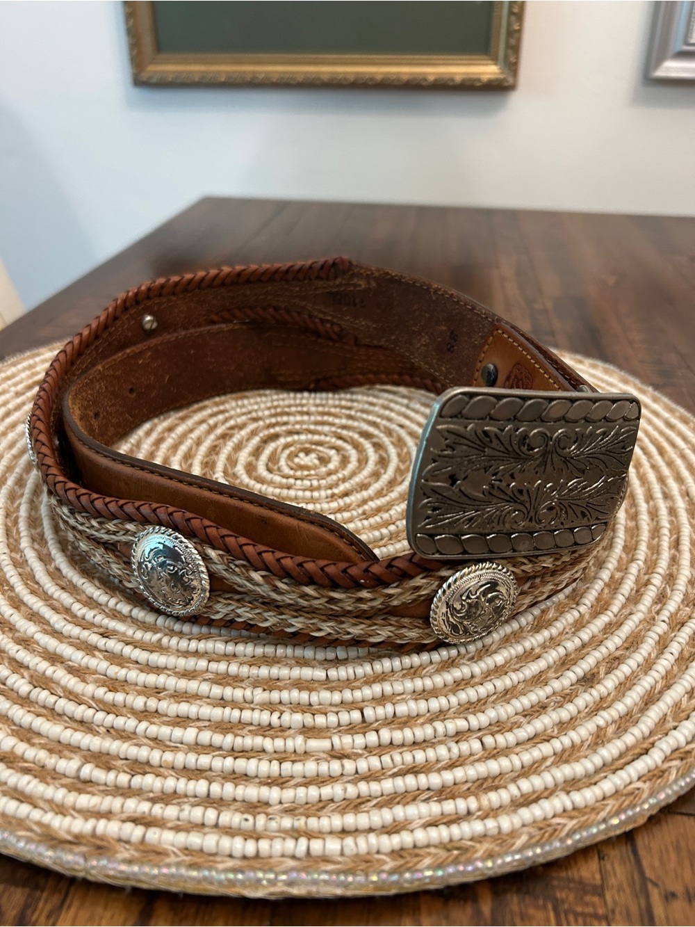 Vintage Tony Lama Brown Leather Braided Belt with Silver Concho Buckle